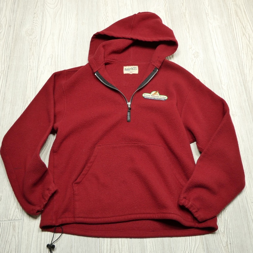 VINTAGE Kelly Sport Fleece Jacket Adult Large Red 1/4 Zip Hooded Whitefish MT
